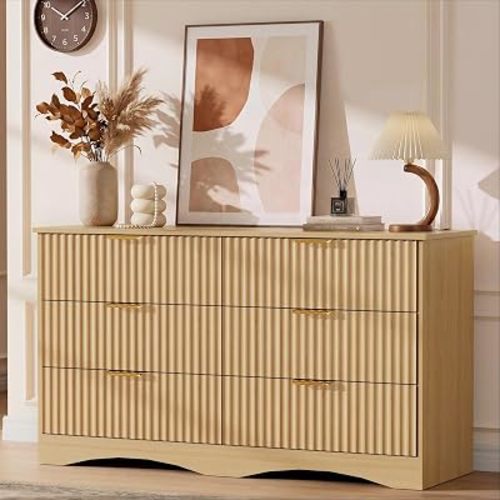 YESHOMY Bedroom Dresser, 47.2" Fluted Wood Dressers, 6 Drawer Dresser