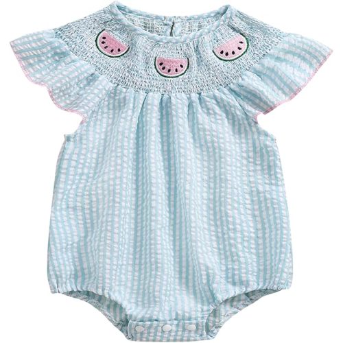 Smocked Baby Girl Clothes Watermelon Fruit Stripe Print Puff Sleeve Bubble Romper Frill Trim Ruffle Bodysuit Clothes