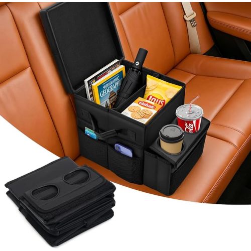 Foldable Car Seat Organizer, with 2 Cup Holders, 7 Large Storage Compartments and Padded Arm Rest, Universal Back Seat Storage Box for Kids Travel, Car, Truck, SUV, Van