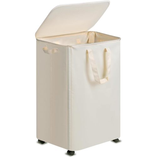 Slim Laundry Hamper with Lid and Wheels, Small Rolling Laundry Basket with Handle for Small Spaces, Tall Dirty Clothes Hampers for Dorm, Bathroom and Bedroom, 95L, Beige