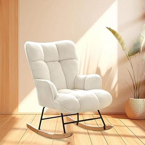 Rocking Chair Nursery Upholstered Rocking Chair, Nursery Rocking Chair with High Backrest, Reading Chair, Rocking Armchair with Upholstered for Living Room Bedroom Balcony Offices(White)