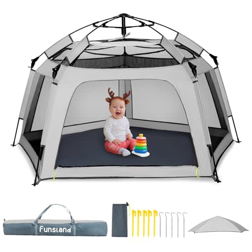 Funsland Baby Playpen Pop-up Tent - Outdoor & Indoor Play Tent for Beach with Canopy Travel Bag Portable Play Yard for Babies & Toddlers (Gray)