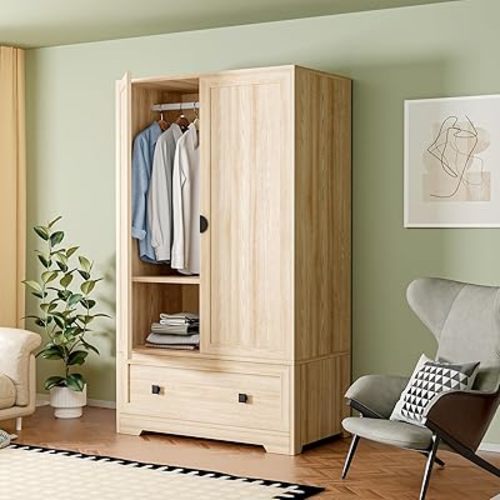 VINGLI Armoire Wardrobe Closet With Doors, Hanging Rod, Shelves and Drawer - Freestanding Cabinet for Bedroom, Dorm - Oak, 38" W x 21" D x 65" H