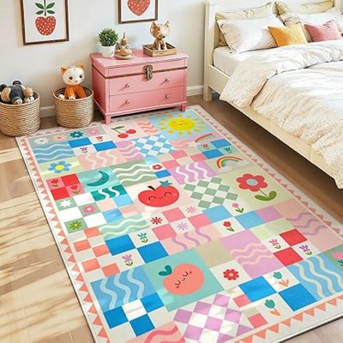 3×5 Washable Girls Bedroom Rug – Soft Non-Slip Pink Carpet for Kids Playroom, Cute Colorful Area Rug for Nursery Dorm Baby Toddler Teenage