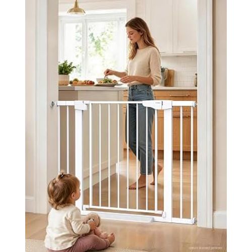 Cumbor 30-43" Baby Gate for Doorways, Auto-Close Dog Gate, No-Drill, White | 30.5" Tall Pet Safety Gate, Double Lock Child Gate, Two-Way Swing & One-Hand Adult Access, Kitchen & Hallway Use
