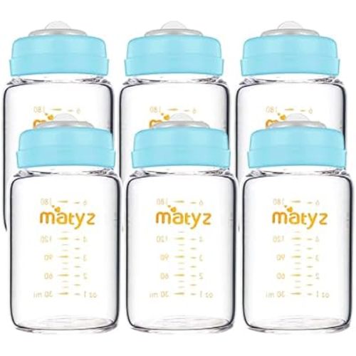 Matyz Glass Breastmilk Storage Bottles, 6 Pack, 6 oz, Compatible with Spectra Medela Breast Pump - Freezer Safe Storage Bottles Set - Wide Mouth Breastmilk Storage Containers - No BPA (Blue Lids)