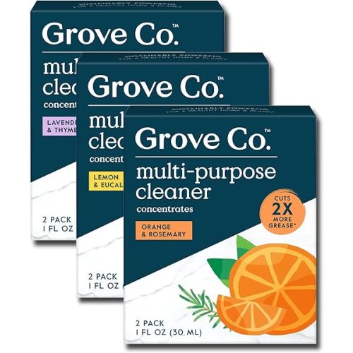 Grove Co. Multi-Purpose Cleaner, Refill Concentrate (6 x 1 Fl Oz) Plant-based Household Cleaning Supplies, Ammonia & Chlorine Free, No Plastic Waste, 3 Scent Variety Pack, Total 3 x 2 Pack Refills