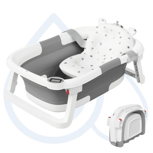 Aprpink Foldable Baby Bathtub PP+TPE with Soft Cushion&Thermometer for 0-36 Months Toddler Gray