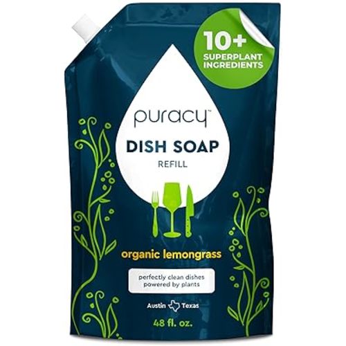 Puracy Natural Dish Soap Refill - Skin-Softening Plant-Based Liquid Dishwashing Detergent Soap, Clean-Rinsing Water-Sheeting Formula (Organic Lemongrass, 48 fl oz)