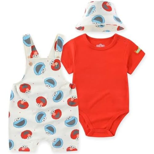 Sesame Street Elmo and Cookie Monster Baby Boys Shortall Overalls with Hat 3-Piece Set for Newborn and Infants
