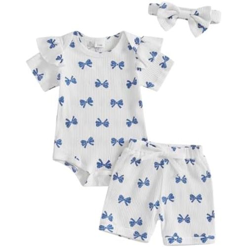 Newborn Baby Girl Clothes Summer Knit Ribbed Floral Print Short Sleeve Romper Shorts Headband Outfit Set