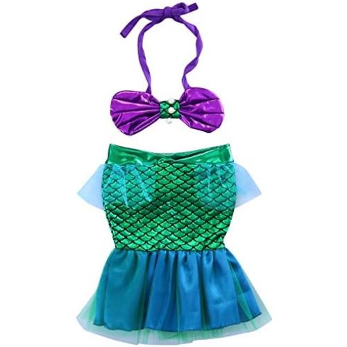 Baby Girls 2 Piece Mermaid Swimsuit Hanging Neck Shell Pearl Halter Bikini Tops and Tulle Patchwork Mermaid Tail