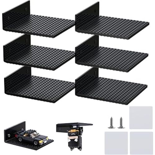 6-Pack Acrylic Floating Shelves for Wall Compatible with Lego Building Bricks, 5.3x5.1inch Dual‑Sided 16x16 Studs for Toy Brick Storage and Display, Clear PMMA Display Shelves for Room Decor,Black