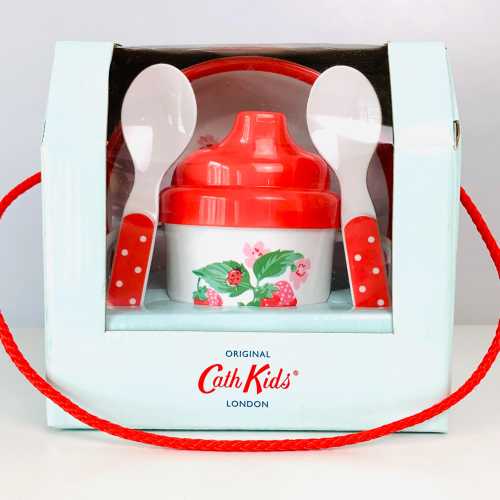 NURSERY DINING SET, Melamine Cath Kidston 4 Pc. Baby Set, Cath Kids London, New in Box, Sippy Cup Bowl and 2 Spoons, Strawberry Design