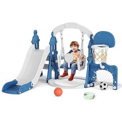 XJD 6-in-1 Toddler Slide and Swing Set, Kids Slide for Toddlers Age 1+, Toddler Outdoor Playset with Basketball Hoop, Football Frame, Swing, Outdoor Indoor Playground for Toddlers 1-3 (Blue)