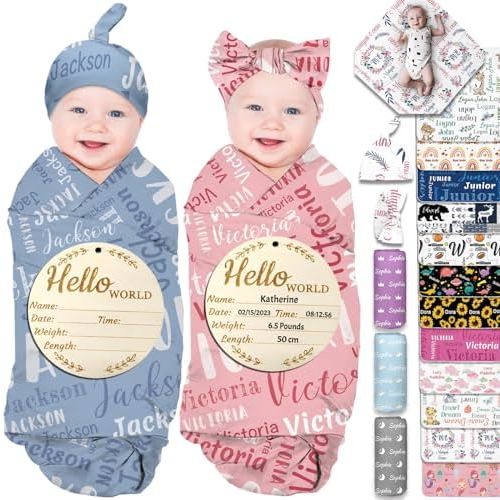 Personalized Baby Swaddle Blanket Girl Boy Custom Name Swaddle with Hat Bow Set Newborn Baby Items Wrap Customized Baby Gifts