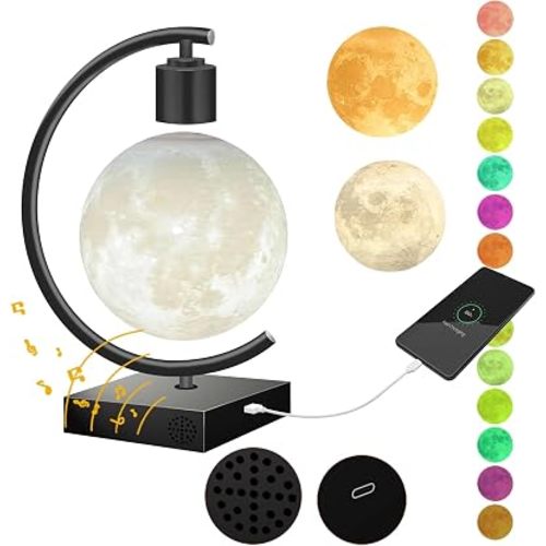 Magnetic Levitating Moon Lamp with Bluetooth Speaker 18W Fast Charger for iPhone iPad Samsung Galaxy Smart Watch Floating 3D Moon Magnet Planet Globe LED Night Light Colorful Christmas Gift