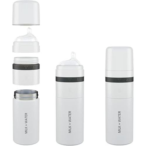 MILK & WATER All in One Baby Bottle & Baby Formula Dispenser On The Go, 9oz - Keeps Water Warm & Formula Fresh - Baby Formula Mixing Bottle with Anti Colic Nipple - Leak-Proof - 3+ Months (White)