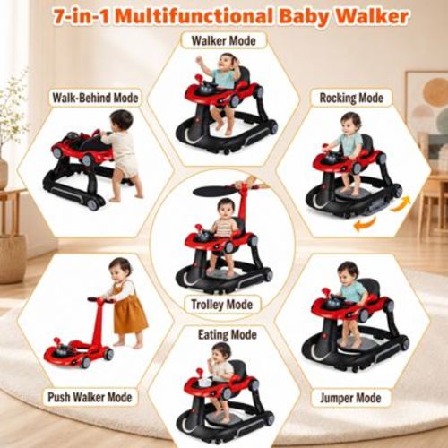 6-in-1 Baby Walker with Canopy and Music Bouncer Rocker Activity Center, Red