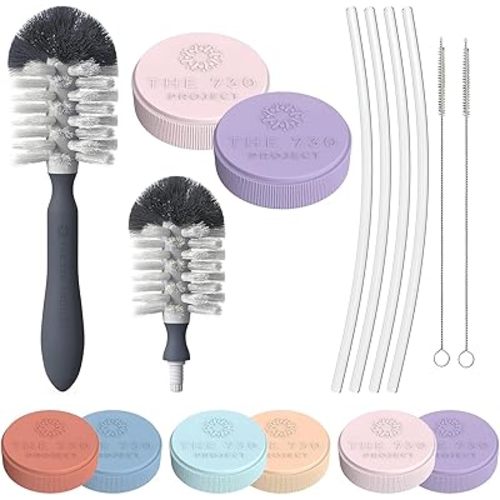 The 730 Project Honey Bear Cup Accessory Pack, 4 Straws and 2 Travel Lids for Honey Bear Straw Cup for Babies with Bottle Brush and Straw Cleaner Brush (Pink)