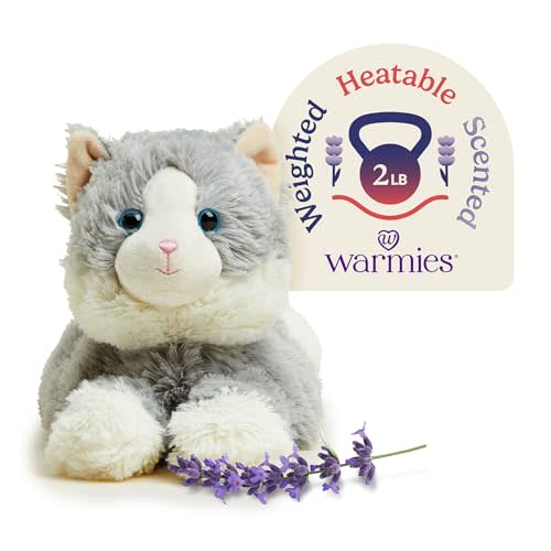 warmies Microwavable & Weighted Stuffed Animals, Laying Down Gray Cat - Heated Stuffed Animal Plushie for Warmth & Comfort - Cute Soft Plush Toys for Boys, Girls, Babies & Toddlers
