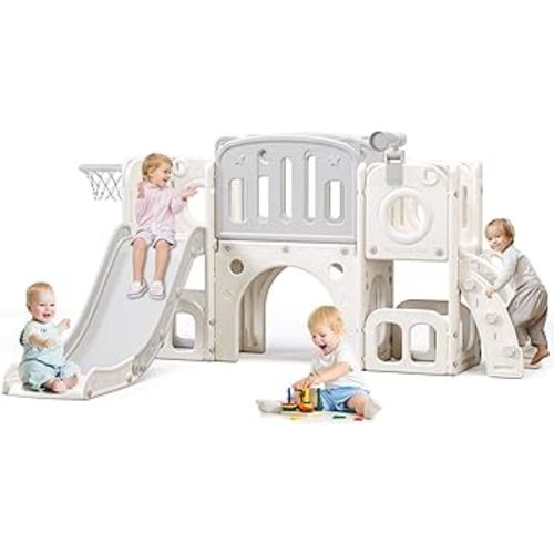 8 in 1 Toddler Slide,Kids Climber Slide with Storage Space and Non-Slip Steps,Indoor Outdoor Playset with Basketball Hoopa and Telescope,Slide for Toddlers 3+