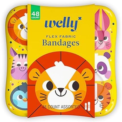 Welly Bandages | Adhesive Flexible Fabric Bravery Badges | Assorted Shapes for Minor Cuts, Scrapes, and Wounds | Colorful and Fun First Aid Tin | Zoo Animals Patterns - 48 Count