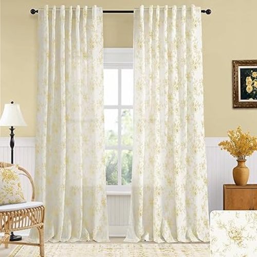 Light Butter Yellow Vintage Floral Curtains,Sheer Toile French Country Cottage Core Rose Linen Farmhouse Curtains for Living Room Bedroom 84 Inches Long
