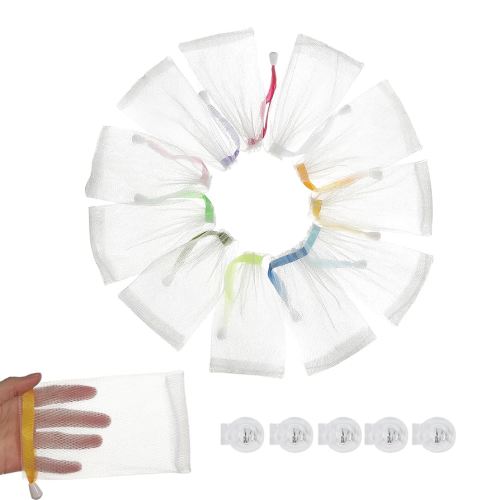 12PCS Exfoliating Soap Mesh Saver Pouch Bag and 5 PCS Transparent Spring Cord Plastic Lock for Shower Face Washing,Easy to Bubble and Store Small Soap (Colorful Drawstring)