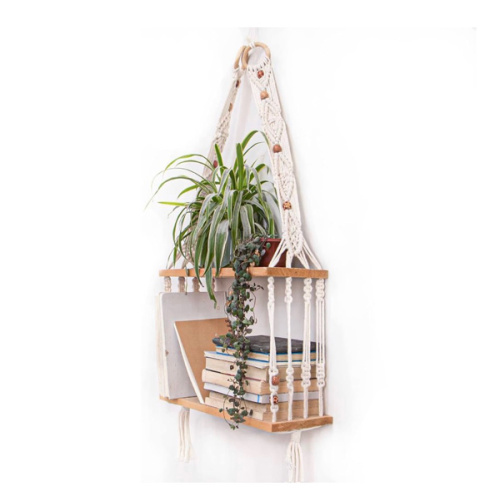 TENEWEE Boho Wall Hanging Shelves Macrame Floating Plant Photos Wood Shelf for Bedroom Living Room Apartment Decor (White)
