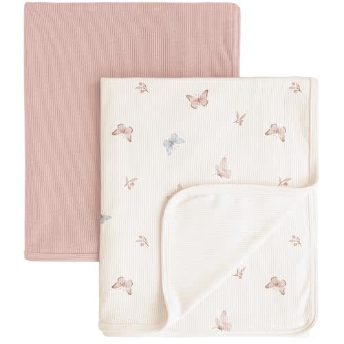 Konssy Knit Baby Blanket 2 Pack, Soft Ribbed Swaddle Receiving Blankets for Boys & Girls, Lightweight Cozy Warm Crib Blanket for Newborns, Infants, & Toddlers, 33x42 Inch (Taupe, Butterfly Dreams)