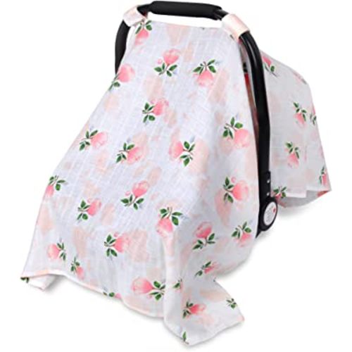 Rquite Car Seat Covers for Babies - 100% Muslin, Lightweight, Soft, Breathable Baby Carrier Cover - Summer Stroller Canopy (Pink Flower)
