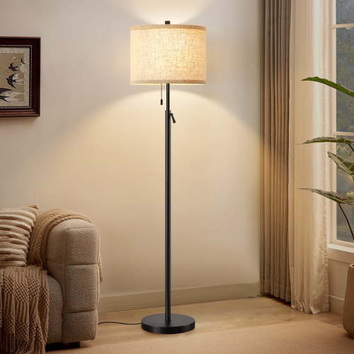 NATYSWAN Black Floor Lamp, Height Adjustable Standing Lamp Tall Lamp with Fabric Lampshade&Pull Chain Corner Floor Lamps for Living Room, Bedroom & Office Bulbs Not Included(Black Base)