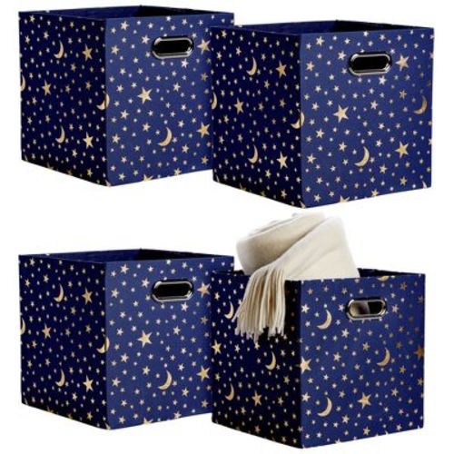 Okuna Outpost 4 Pack Star Storage Cubes, Collapsible Foldable Fabric Organizer Baskets For Clothes, Toys, Gold Moons And Stars, 11 In