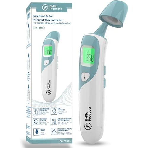 ByFloProducts Ear & Forehead Fever Thermometer, Color Display, Baby & Adult