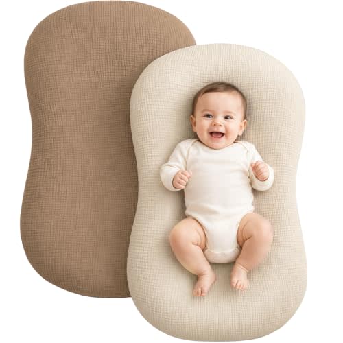 Muslin Baby Lounger Cover 2 Pack, Cotton Soft Breathable Infant Nest Slipcovers, Envelope Closure, Compatible with Snuggle Me Loungers, Machine Washable, Cover Only, for Boys Girls(Brown & Beige)