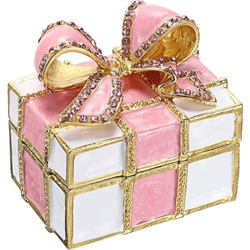 Hipiwe Mini Metal Jewelry Box Pink Bow-knot Hinged Trinket Box Bling Enamel Decorative Box Small Treasure Box Figurine Earrings Ring Holder Gift for Women