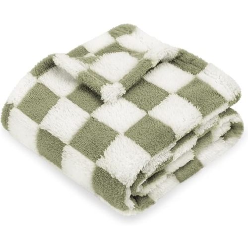 Checkered Baby Blankets for Boys Girls Warm Cozy Reversible Toddler Blanket, Fluffy Fuzzy Plush Bed Blanket with Chessboard Grid Design 350GSM Mustard Green 30 x 40 Inch