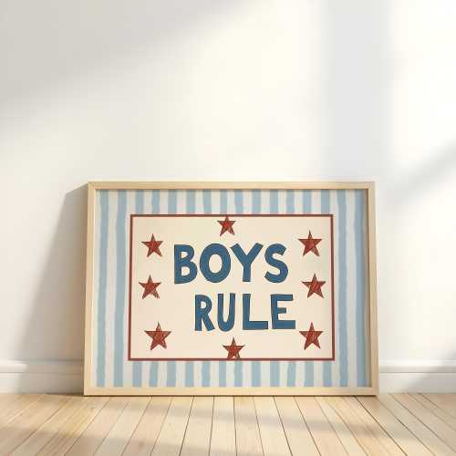 Boys Rule Wall Art Print, Cute Boys Room Decor, Vintage Striped Nursery Wall Sign, Playful Kids Room Poster, Digital Download 179