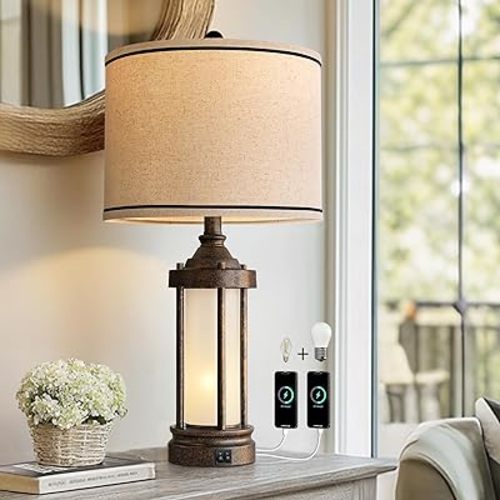 G-SAFAVA 25'' Table Lamp for Living Room Bedroom Farmhouse Metal Lamps with 2 USB Ports, Built-in Frosted Glass Night Light Vintage Industrial Nightstand Bedside End Lamp, 2 Bulbs Included, Bronze