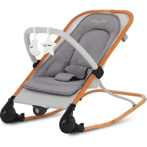 Dream On Me Rock On Me 2-in-1 Baby Rocker and Stationary Seat, Adjustable Recline, Gentle Music & Vibration, 3-Point Safety Harness, Detachable Toy Bar, Folds Compact for Travel – Grey