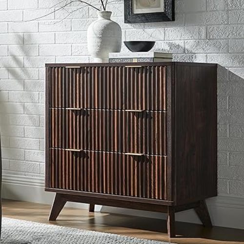 T4TREAM Fluted 3 Drawer Dresser, 32" Tall Modern Chest of Drawers, Curved Profile Design, Wood Drawer Organizer for Bedroom, Living Room, Hallway, Entryway, Dark Walnut