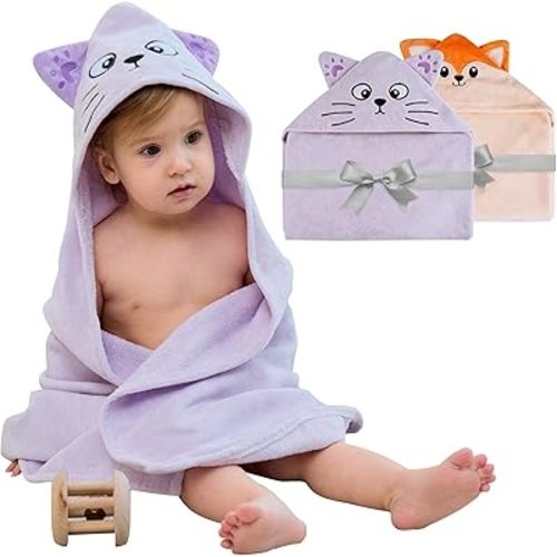 Mooreeke 2 Pack Toddler Towels - 100% Cotton Toddler Hooded Towels - Soft Baby Bath Towel with Hood for Newborn - Comfort Towel for Baby Girls and Boys - Animal Shaped (Fox & Cat)