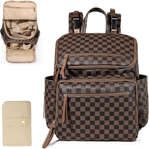 Checkered Diaper Bag Backpack Large Baby Diaper Bag Leather with 17 Diaper Bag Organizing Pouches,Changing Pad,Stroller Straps,4 Insulated Pockets, Coffee