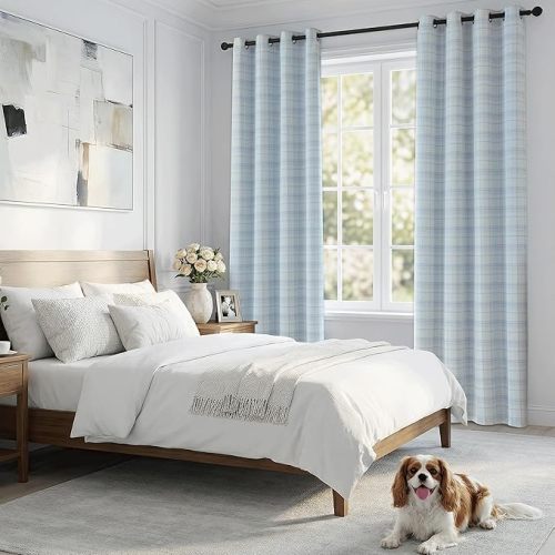 Blue Plaid Jacquard Blackout Curtains 96 Inches Long 2 Panels for Bedroom Living Room Buffalo Check Gingham Room Darkening Thermal Insulated Soundproof Grommet Window Drapes, 52x96 2 Set