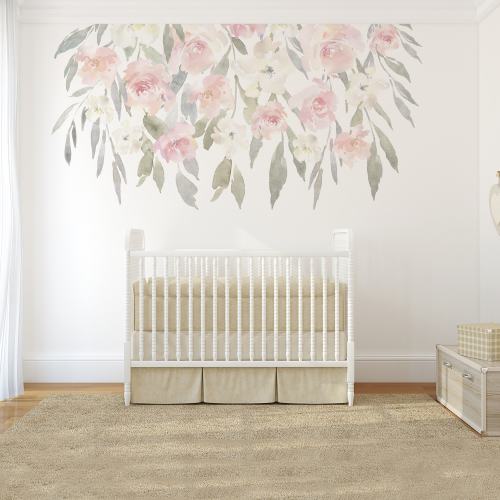 Blush Pink Nursery Floral Wall Decals | Blooms Peonies Watercolor Flowers, Girls Baby Room Pink Peony DELANEY RAIN Home Decor