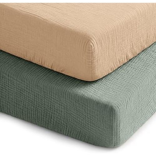 Comfy Cubs 100% Muslin Crib Fitted Sheet 2 Pack, Fern and Cream - 100% Cotton, Soft & Breathable Crib Sheets for Toddler Mattress - Snug Fit, Secure Elastic with Beautiful Packaging