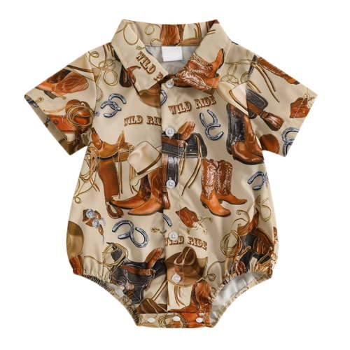 Nwiuh Newborn Infant Western Baby Boy Clothes Cowboy Button Down Dress Shirt Bubble Romper Bodysuit Country Style Outfit (Brown, 3-6 Months)