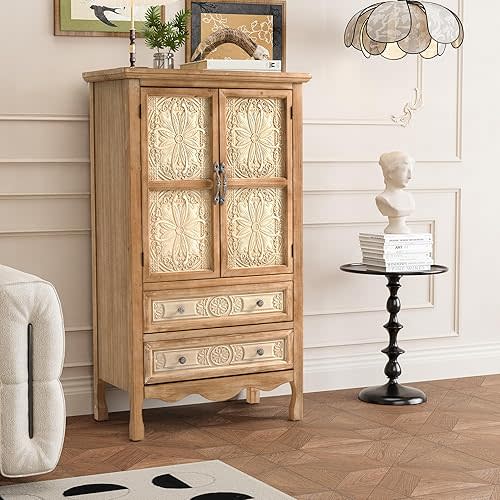 RoyalCraft Vintage Sideboard Buffet, Accent Cabinet with 2 Carved Doors and 2 Drawers, Solid Wood Sideboard with Storage, French Country Cabinets for Dining Room, Kitchen, Living Room, Hallway