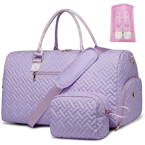 Duffle Bag for Travel, Weekender Bag with Shoe Compartment, Carry On Overnight Bag for Women with Toiletry Bag, Gym Bag with Wet Pocket, Hospital Bags for Labor and Delivery Beige